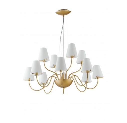 Immagine di Lampadario Contemporaneo In Metallo Oro Paralumi Bianchi Canto 12 Luci Design Fan Europe