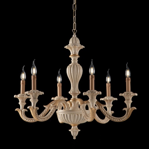 Immagine di Lampadario 6 Bracci Legno Avorio e Foglia Oro Leonardo Ø74 cm Bonetti