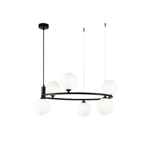 Immagine di Lampadario Moderno Anello Ring Nero 6 Sfere Vetro Bianco Maytoni