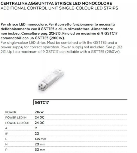 Immagine di Centralina Aggiuntiva 216w Per Strip Led Monocolore GSTC17 Gea Led