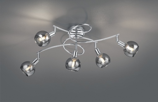 Immagine di Plafoniera Bracci Curvi Brest Cromo 5 Paralumi Bocce Vetro Fumé Trio Lighting