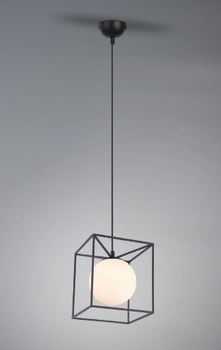 Immagine di Sospensione Gabbia Cubo Nero con Sfera Vetro Bianco Trio Lighting