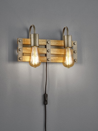 Immagine di Applique Vintage Rustica Piastra Natural Wood Khan Nichel Anticato 2 Luci Trio Lighting