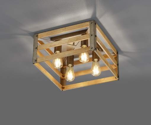 Immagine di Plafoniera Vintage Rustico Natural Wood Khan Nichel Antico 40x40 cm Trio Lighting