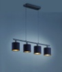 Immagine di Sospensione in Linea 4 Paralumi Tessuto Nero e Oro Tommy Trio Lighting