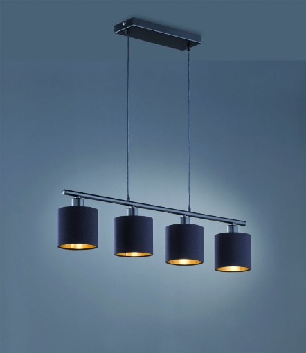 Immagine di Sospensione in Linea 4 Paralumi Tessuto Nero e Oro Tommy Trio Lighting