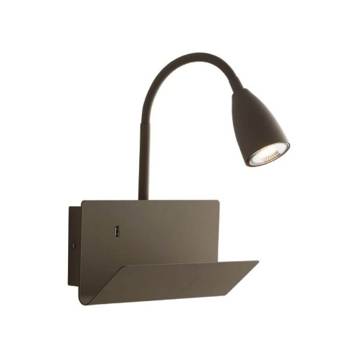 Immagine di Applique Orientabile Luce Da Lettura Led GU10 Con Mensola e Presa USB Gulp Fango Fan Europe