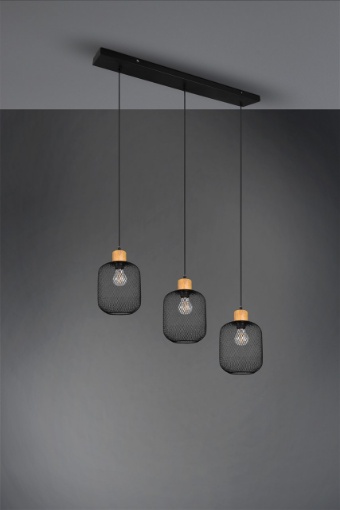 Immagine di Sospensione Calimero 3 Paralumi E27 Rete Metallo Nero L80 cm Trio Lighting