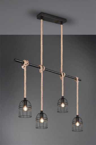 Immagine di Sospensione Wodan Asta Nera 4 Corde Regolabili con Gabbie Metalliche Nere Trio Lighting