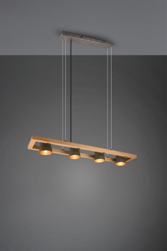 Immagine di Sospensione Industrial Asta Lineare Legno 4 Spot Orientabili Metallo Anticato Bell Trio Lighting