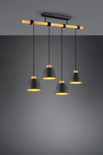 Immagine di Lampadario Barra Legno 4 Paralumi Nero Oro Harris Trio Lighting