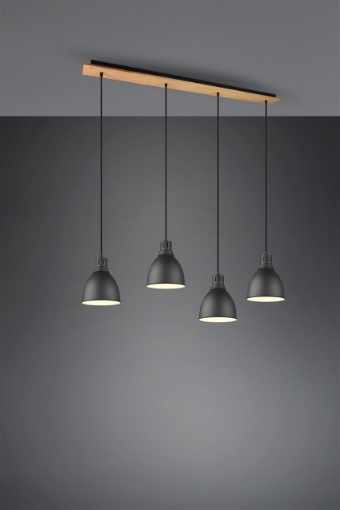 Immagine di Sospensione Piastra Legno Naturale 4 Paralumi Conici Neri Henley Trio Lighting