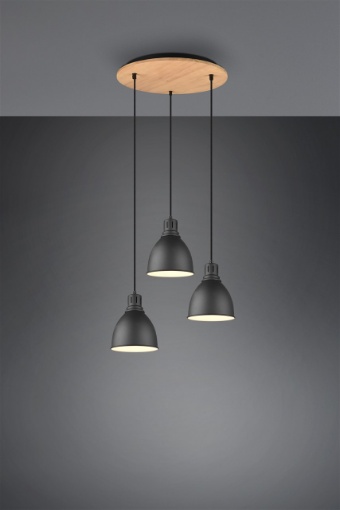 Immagine di Lampadario Sospensione Rotonda Base Legno 3 Pendel Cono Nero Henley Trio Lighting