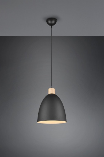 Immagine di Sospensione Cucina Jagger Cupola Metallo Nero Inserto Legno Trio Lighting