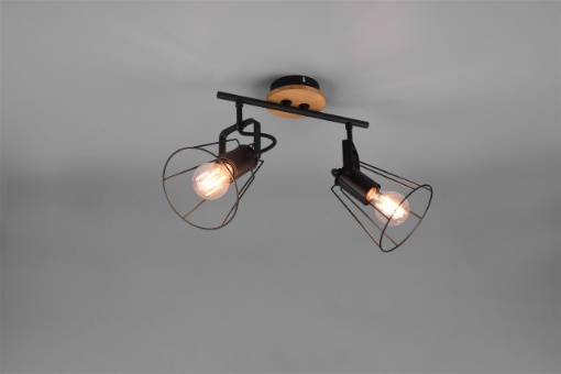 Immagine di Faretto 2 Spot Orientabili Jaipur Industriale Gabbia Nera con Base Legno Trio Lighting