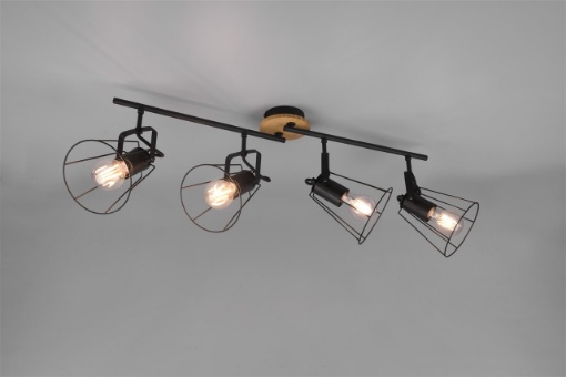 Immagine di Faretto 4 Spot Orientabili Jaipur Industriale Vintage Nero E Legno Trio Lighting