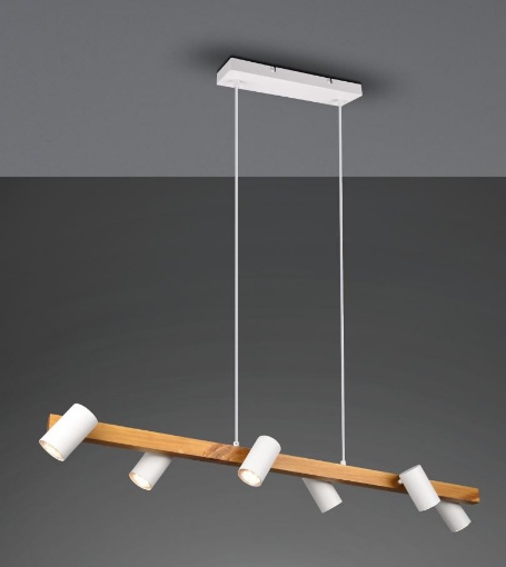 Immagine di Lampadario Isola Legno 6 Spot Bianco Cilindrici Orientabili Marley Trio Lighting