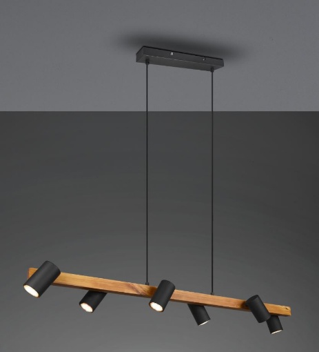 Immagine di Lampadario Isola Legno 6 Spot Neri Cilindrici Orientabili Marley Trio Lighting