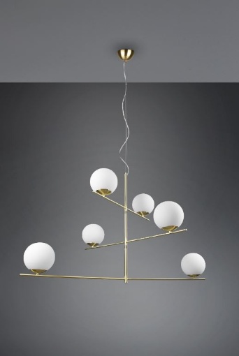 Immagine di Sospensione 6 Sfere Vetro Bianco Pure Bracci Girevoli Ottone Trio Lighting