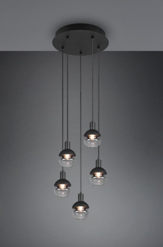 Immagine di Lampada Sospensione Rotonda Moderna 5 Paralumi E14 Vetro Nero Mela Trio Lighting