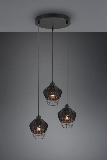 Immagine di Sospensione 3 Luci con Paralumi Reticolato Fibra Naturale Nero Borka Trio Lighting