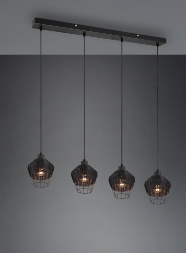 Immagine di Sospensione Lineare 4 Paralumi Reticolato Fibra Finitura Nero Borka Trio Lighting