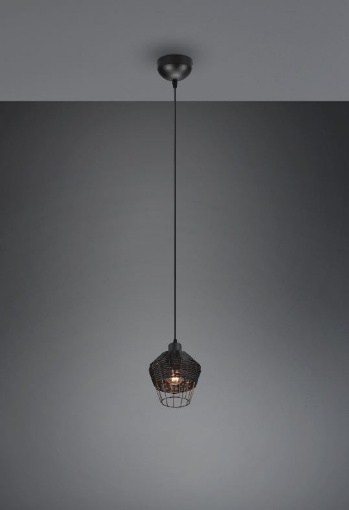 Immagine di Piccola Sospensione Nera Paralume Intreccio Fibra Naturale Borka Trio Lighting