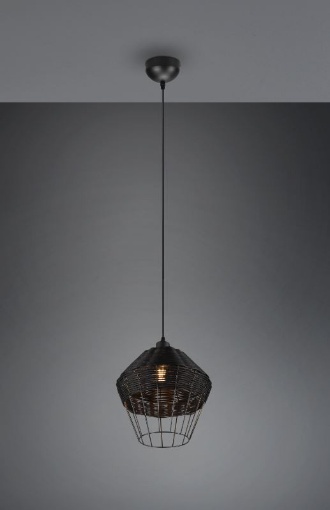 Immagine di Sospensione Nera Paralume Intreccio Fibra Naturale Borka Trio Lighting