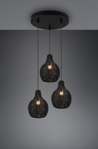 Immagine di Lampadario Rotondo Nero 3 Luci Paralumi Reticolato Fibra Naturale Sprout Trio Lighting