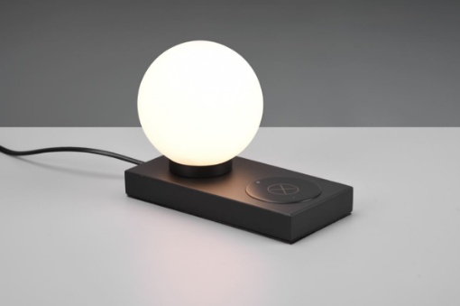 Immagine di Lampada Decorativa da Comodino Sfera Vetro Bianco e Base Nera con Ricarica Induttiva Smartphone Chloe Trio Lighting