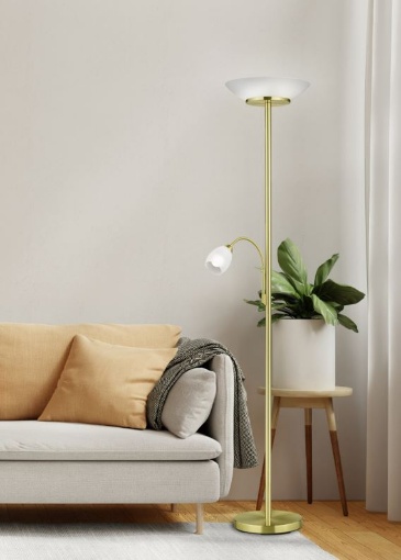 Immagine di Piantana Con Spot da Lettura Gerry Ottone Vetro Bianco Ø34 cm Trio Lighting