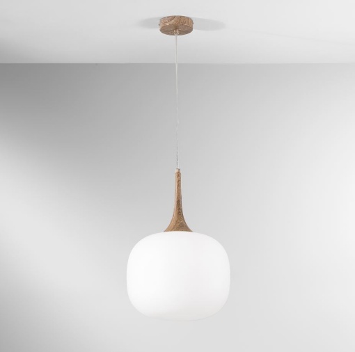 Immagine di Sospensione Finto Legno Boccia Vetro Bianco Diam. 30 cm