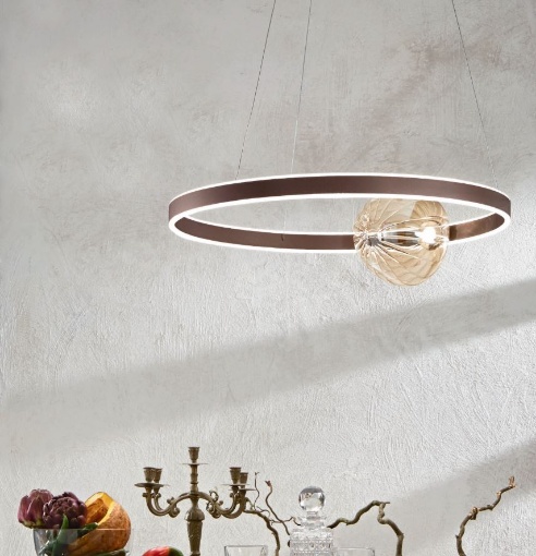 Immagine di Lampadario Anello Led 46w Dimmerabile Marrone Con Sfera Vetro Lisboa Ondaluce