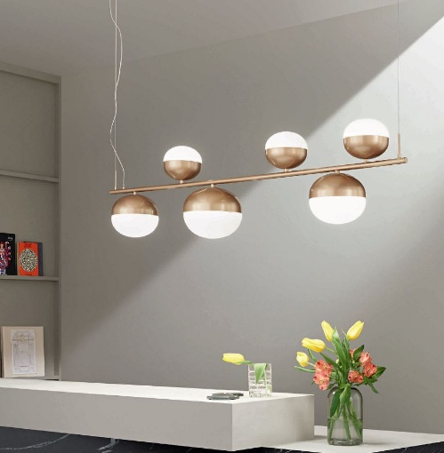 Immagine di Lampadario Per Salotto Oro Con Sfere Vetro Led 49w 3000k Luce Sopra Sotto Mali Ondaluce