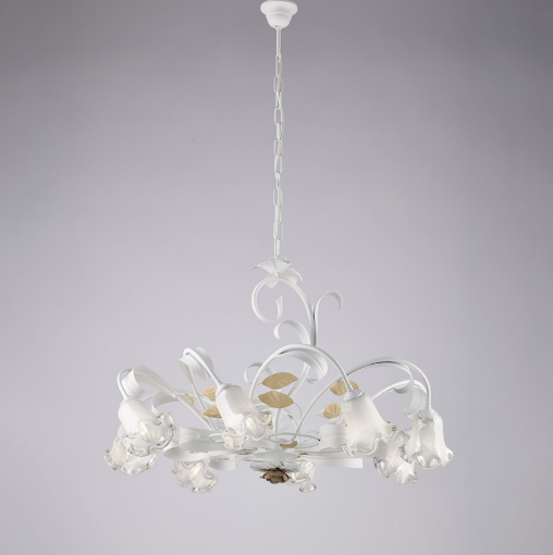 Immagine di Lampadario Rustico Bianco Shabby con Decori Foglia Oro Cesto 8 Luci Bonetti  