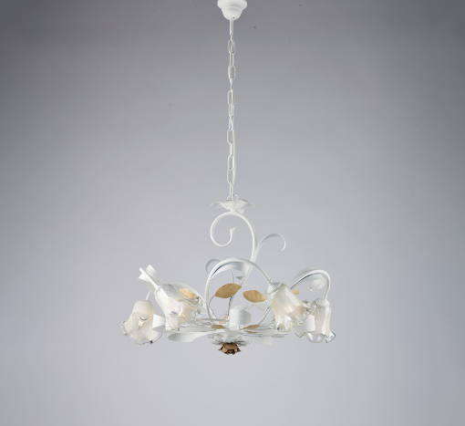 Immagine di Lampadario 5 Luci Bianco Shabby Decori Foglia Oro Cesto Bonetti