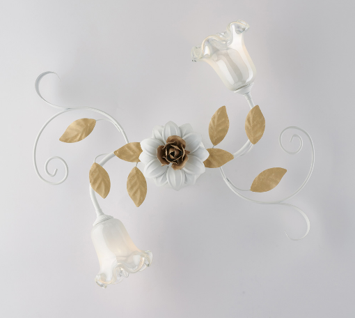 Immagine di Plafoniera Stile Shabby Chic Bianco con Decori Foglia Oro Cesto 2xE14 Bonetti 