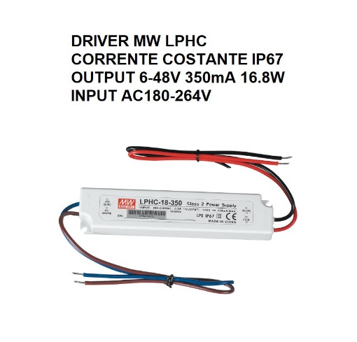 Immagine di Driver MW 16.8W CC Output 6-48V DC 350mA Input AC180-264V IP67