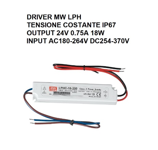 Immagine di Driver MW LPH CV Output 24V 0.75A 18W Input 180-264VAC IP67