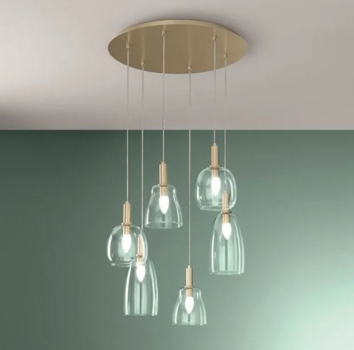 Immagine di Lampadario 6 Luci Soggiorno Oro Bocce Vetro Trasparente Brandy S6 Luce Ambiente Design