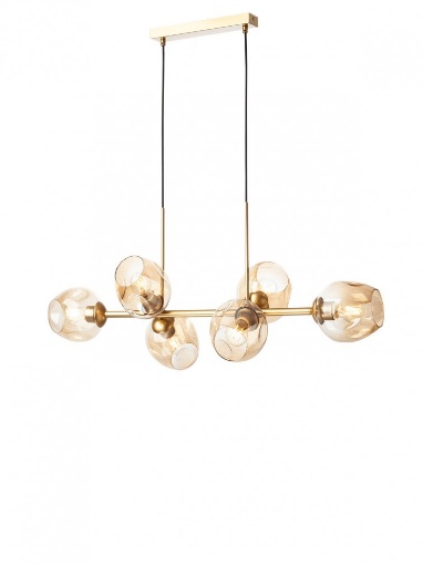 Immagine di Lampadario Da Salotto Lineare 6 Luci Oro Coppe Vetro Cognac Pierce Smarter