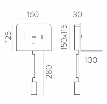 Applique Nera per Camera da Letto Calma con Mensola Spot Led e Usb ACB