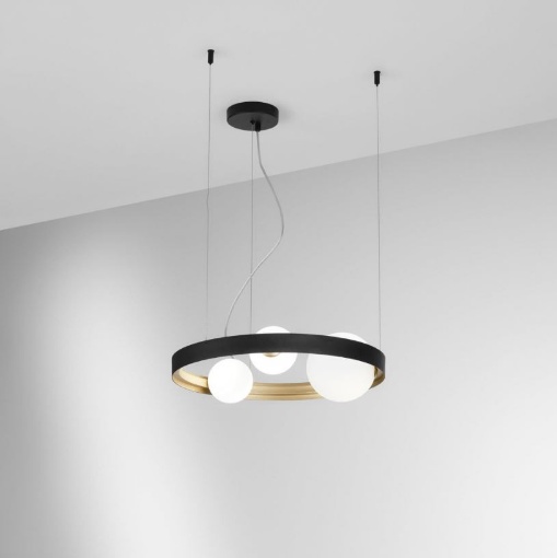 Immagine di Lampadario Rotondo 3 Luci Per Salotto Nero Oro Con Sfere Vetro Sonetto Luce Ambiente Design