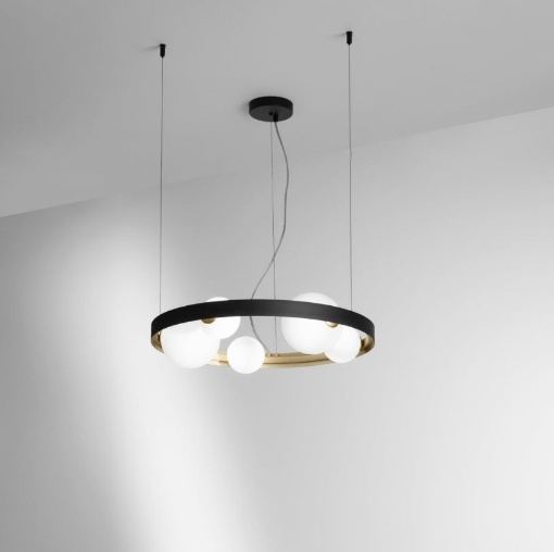 Picture of Lampadario Soggiorno Cerchio Nero Oro Sfere Vetro Sonetto S5 Luce Ambiente Design