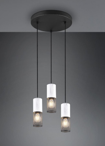 Immagine di Sospensione Rotonda Tosh 3 Paralumi Gabbie Metalliche e Legno Bianco Trio Lighting