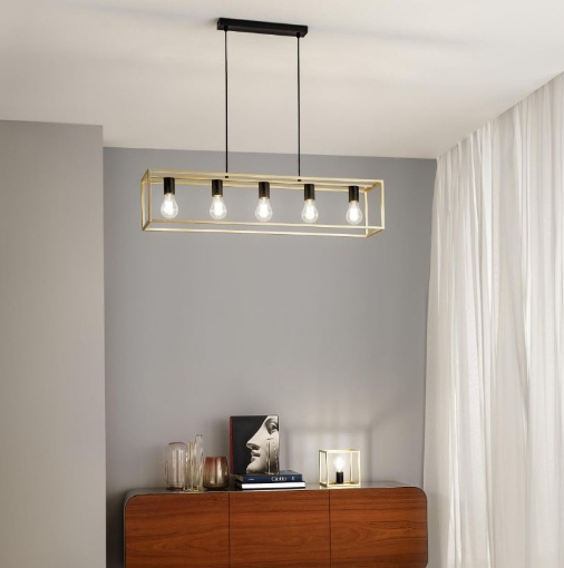 Immagine di Lampadario Orizzontale Squadrato Oro Nero 5 Luci E27 Kimera Luce Ambiente Design