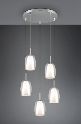 Immagine di Lampadario Rotondo 5 Paralumi Doppio Vetro Trasparente e Bianco Latte Barret Trio Lighting 