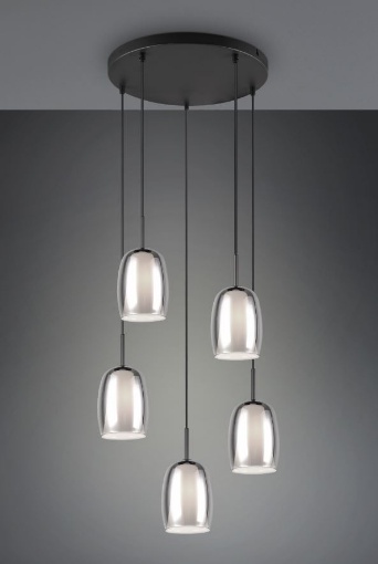 Immagine di Lampadario Nero Rotondo 5 Luci Doppio Vetro Fumé e Bianco Latte Barret Trio Lighting