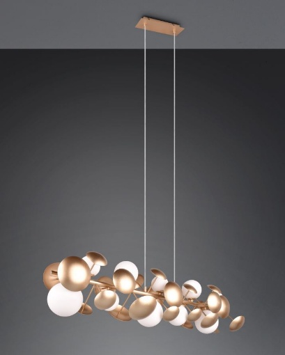 Immagine di Grande Sospensione Design Sfere Metallo Oro e 10 Paralumi Vetro Bianco Bubble Trio Lighting 