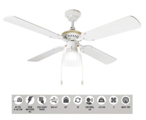 Picture of Ventilatore Da Soffitto Bianco 4 Pale Con Luce Comando A Catena Gemini Perenz